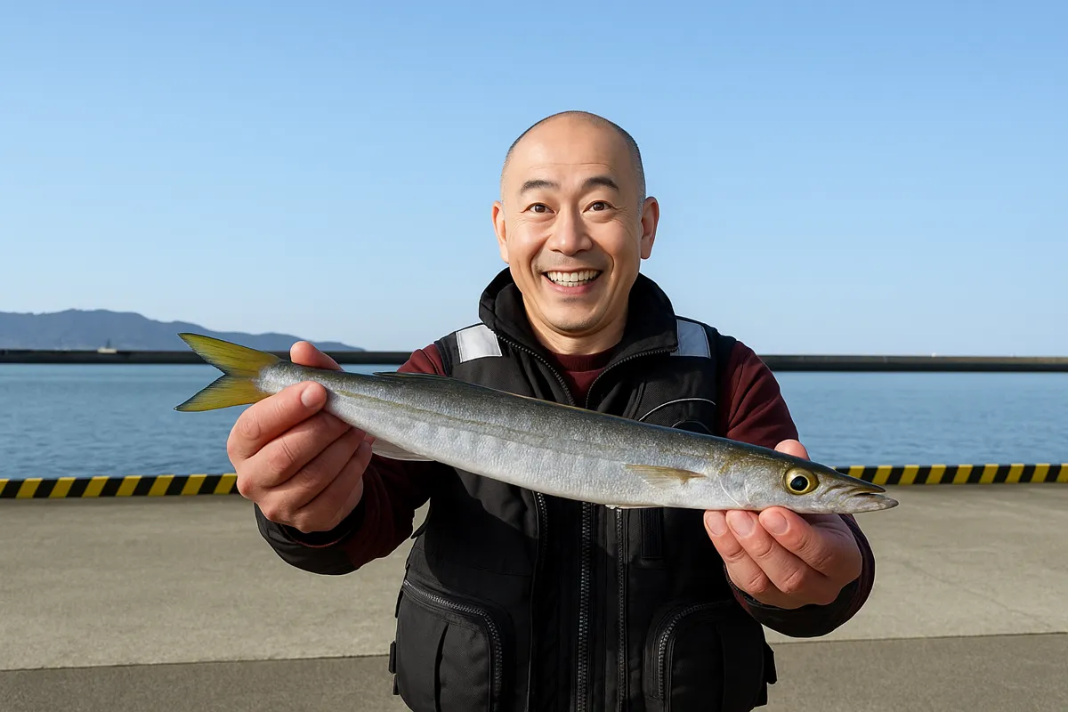 宿毛新港でカマスの釣果を得たがんだま君.webp