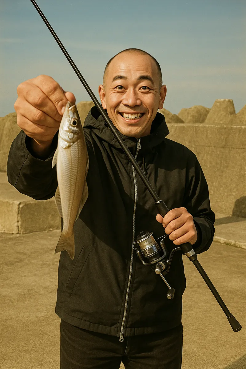富岡西港でシロギスの釣果を得たがんだま君.webp
