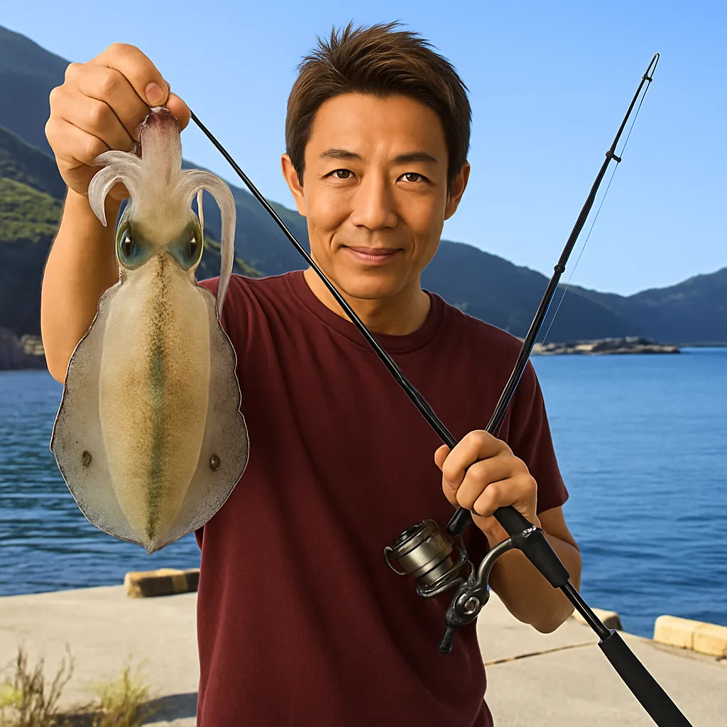 対馬でアオリイカの釣果を得た亀岡.webp