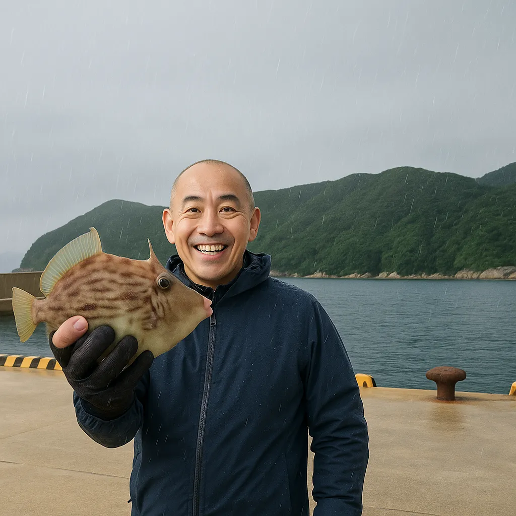 対馬でカワハギの釣果を得たがんだま君.webp