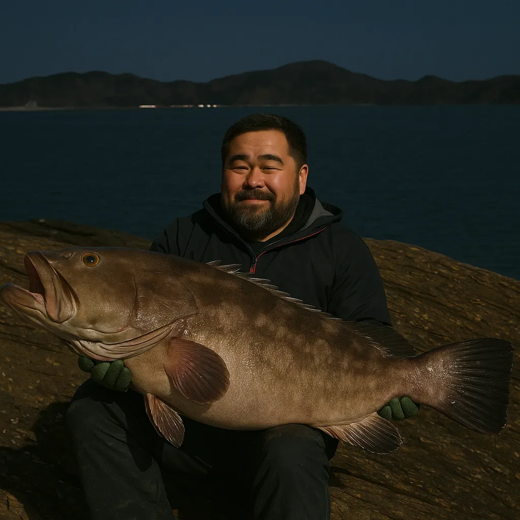 対馬でクエの釣果を得た楢崎.webp