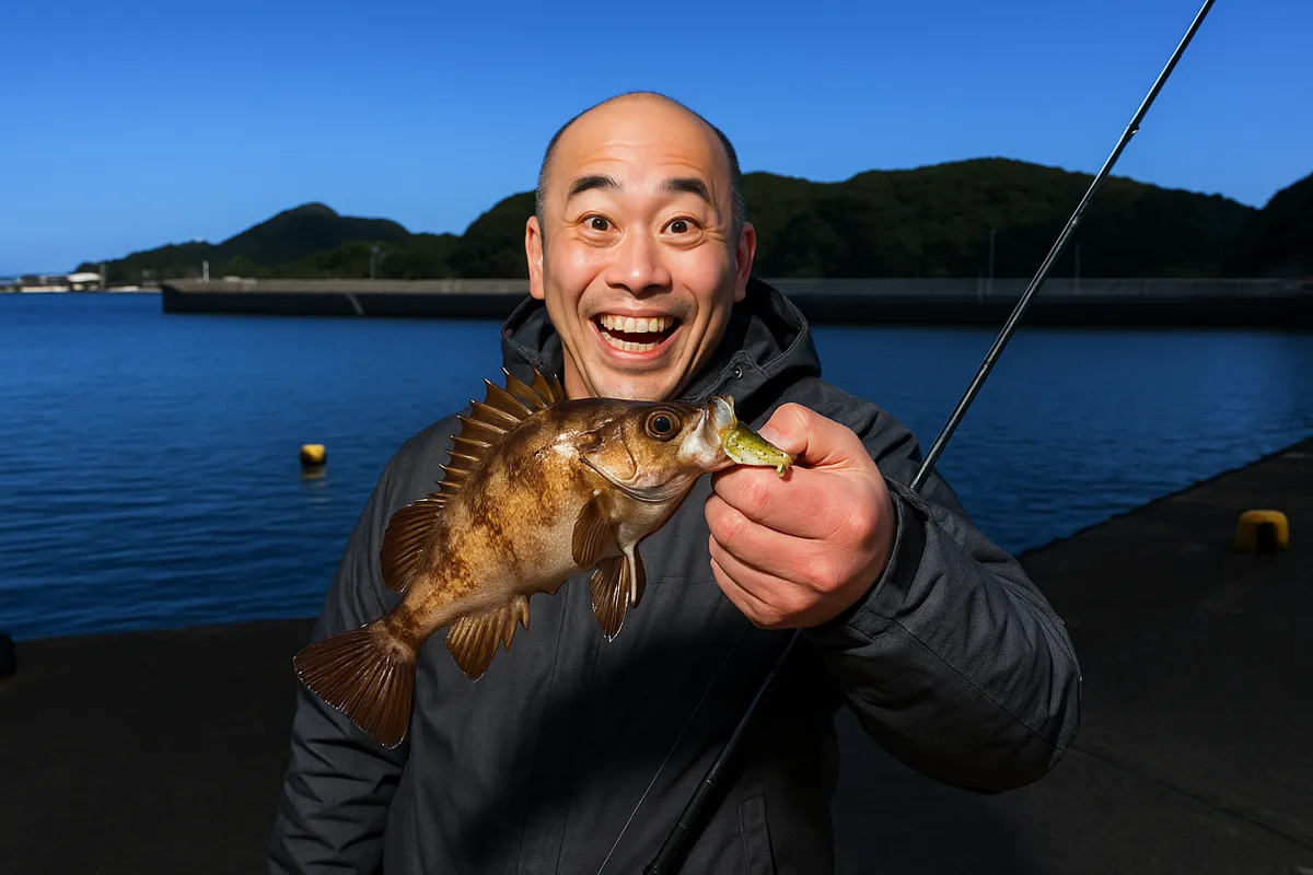 小屋河内港でメバルの釣果を得たがんだま君.webp