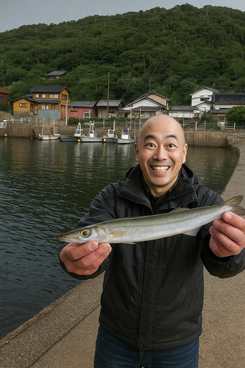 小川島でカマスの釣果を得たがんだま君.webp
