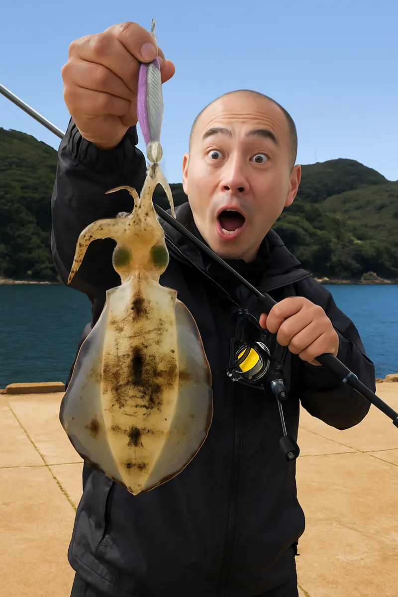 小江漁港でアオリイカの釣果を得たがんだま君.webp