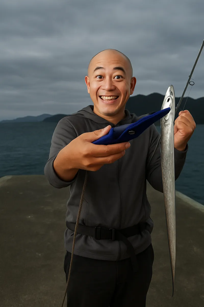 小浜漁港.でタチウオの釣果を得たがんだま君.webp