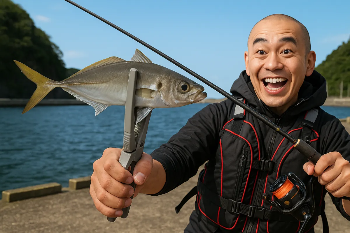 小湊漁港でアジの釣果を得たがんだま君.webp