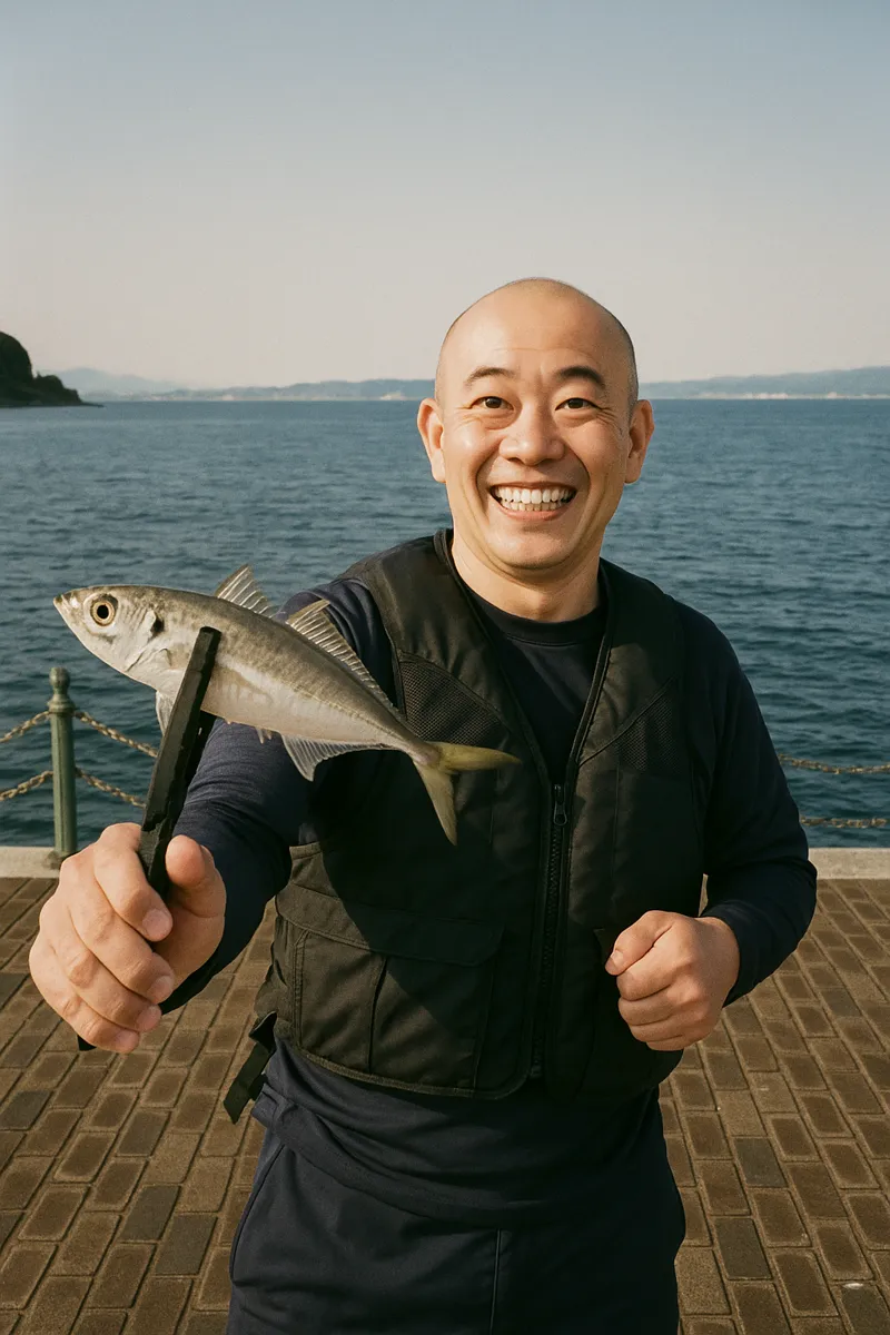 岡崎海岸でアジの釣果を得たがんだま君.webp