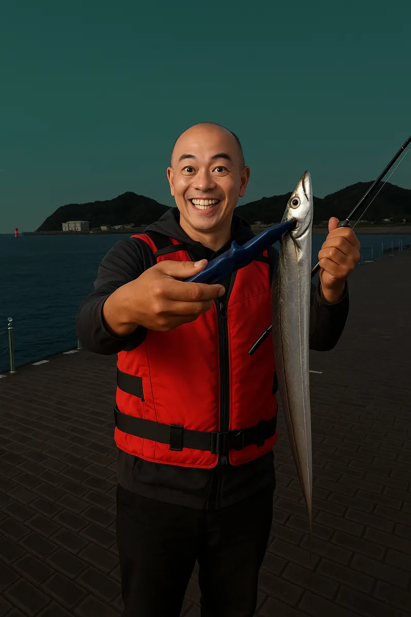 岡崎海岸でタチウオの釣果を得たがんだま君.webp