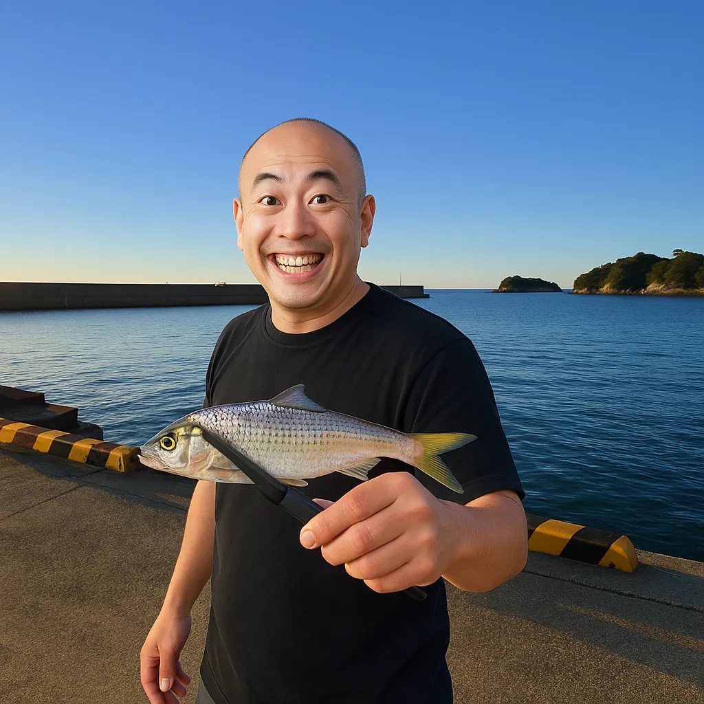 島原海浜公園.でコノシロの釣果を得たがんだま君.webp