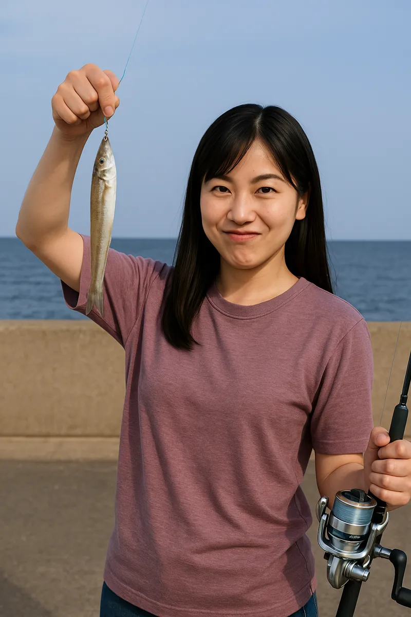 島原海浜公園.でシロギスの釣果を得た女性.webp