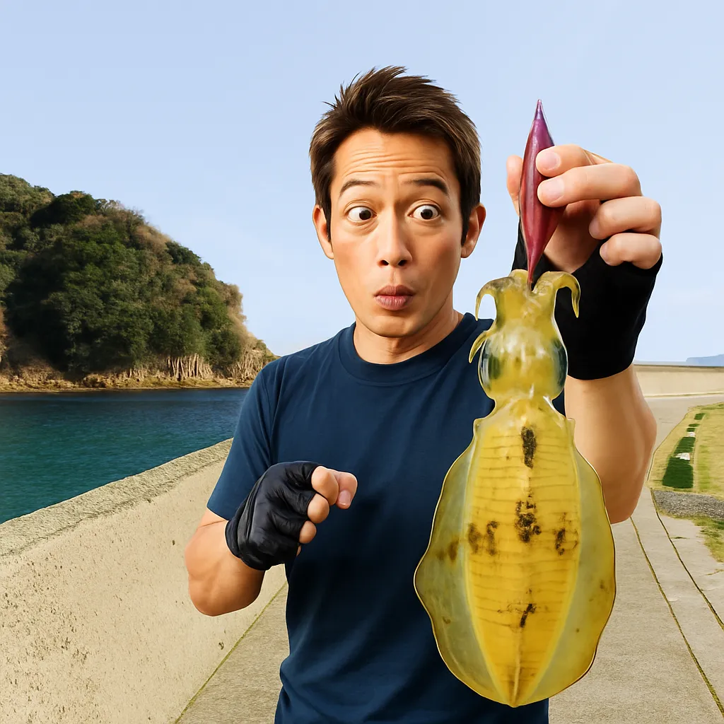崎戸島でアオリイカの釣果を得た亀岡.webp