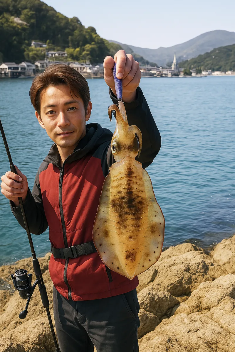 崎津港でアオリイカの釣果を得た亀岡.webp