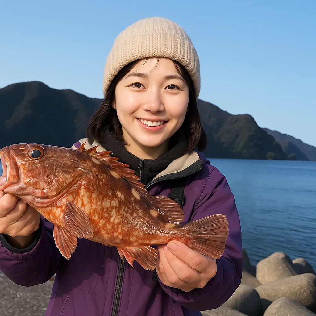 崎津港でアラカブの釣果を得た女性.webp