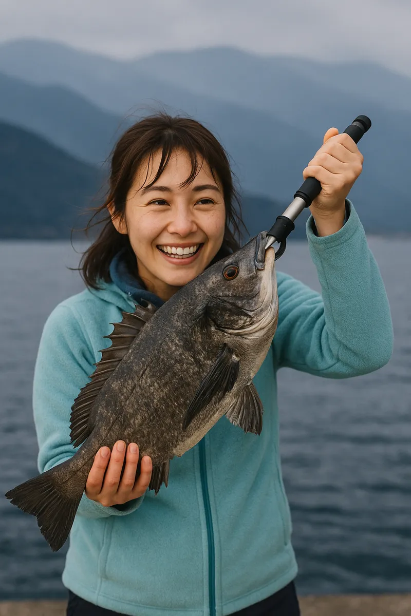 崎針尾漁港でチヌの釣果を得た女性.webp