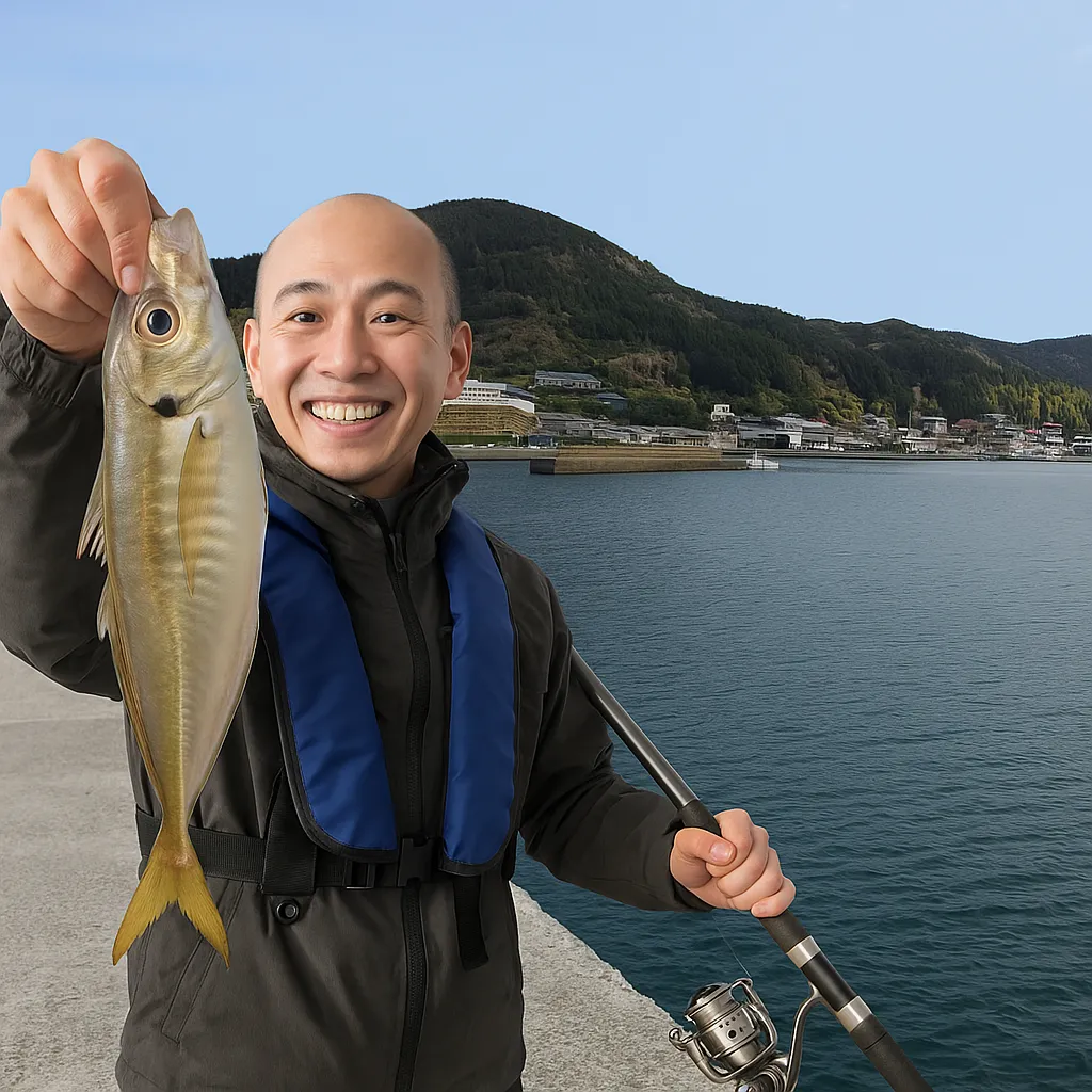 平国港でアジの釣果を得たがんだま君.webp