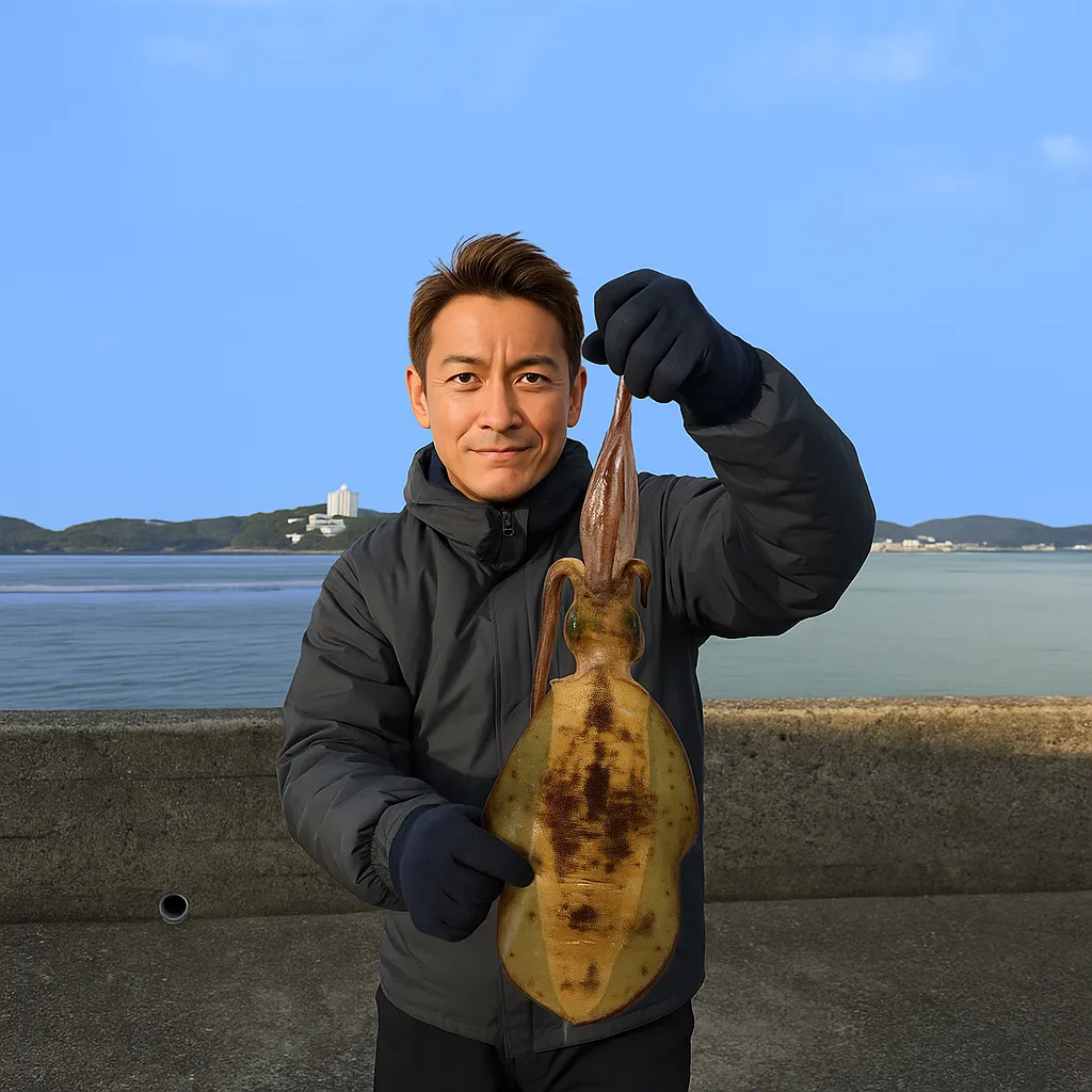 平戸港でアオリイカの釣果を得た亀岡.webp