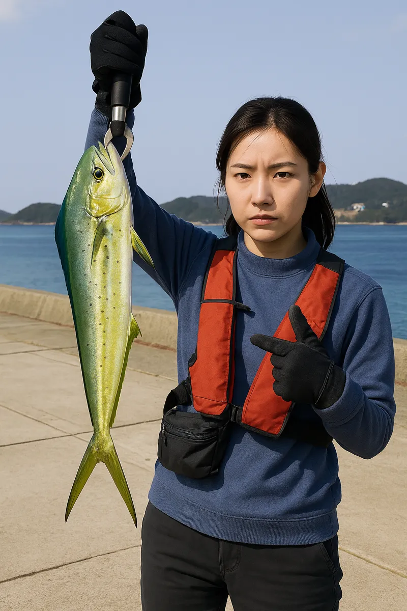 平戸港でシイラの釣果を得た女性.webp