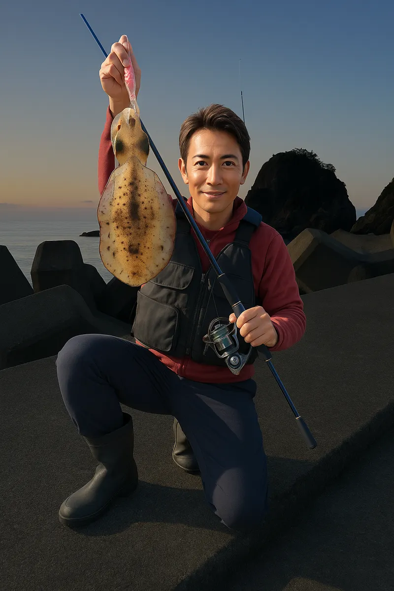 志和岐港でアオリイカの釣果を得た亀田.webp