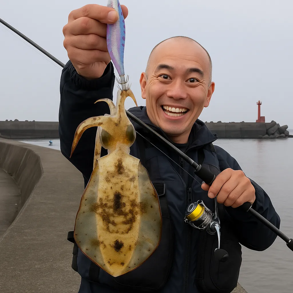 手結港でアオリイカの釣果を得たがんだま君.webp
