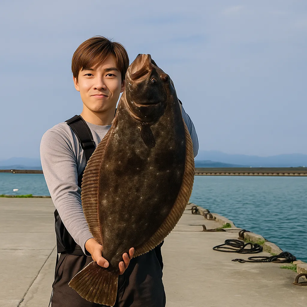 指宿港でヒラメの釣果を得た男性.webp