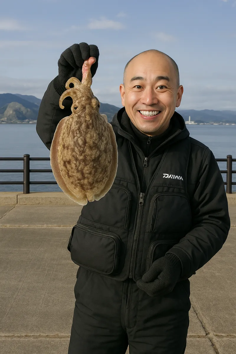 新北九州空港でコウイカの釣果を得たがんだま君.webp