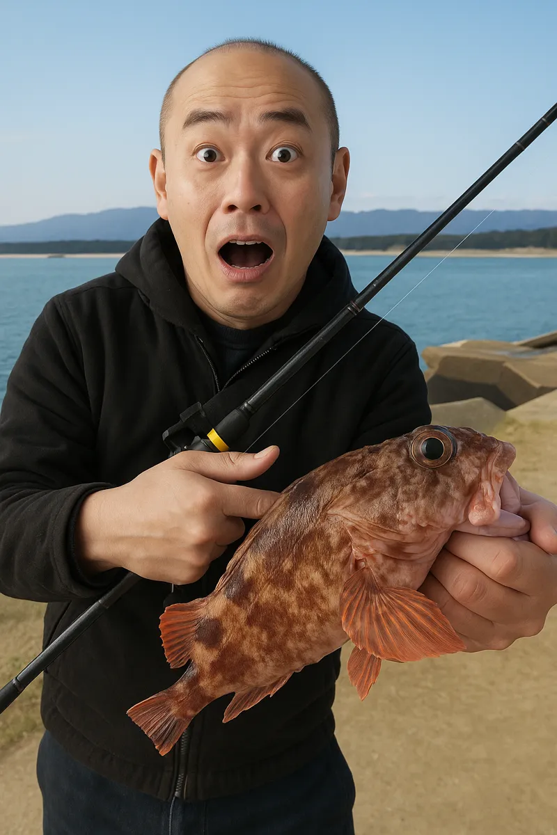 新宮漁港でアラカブの釣果を得たがんだま君.webp