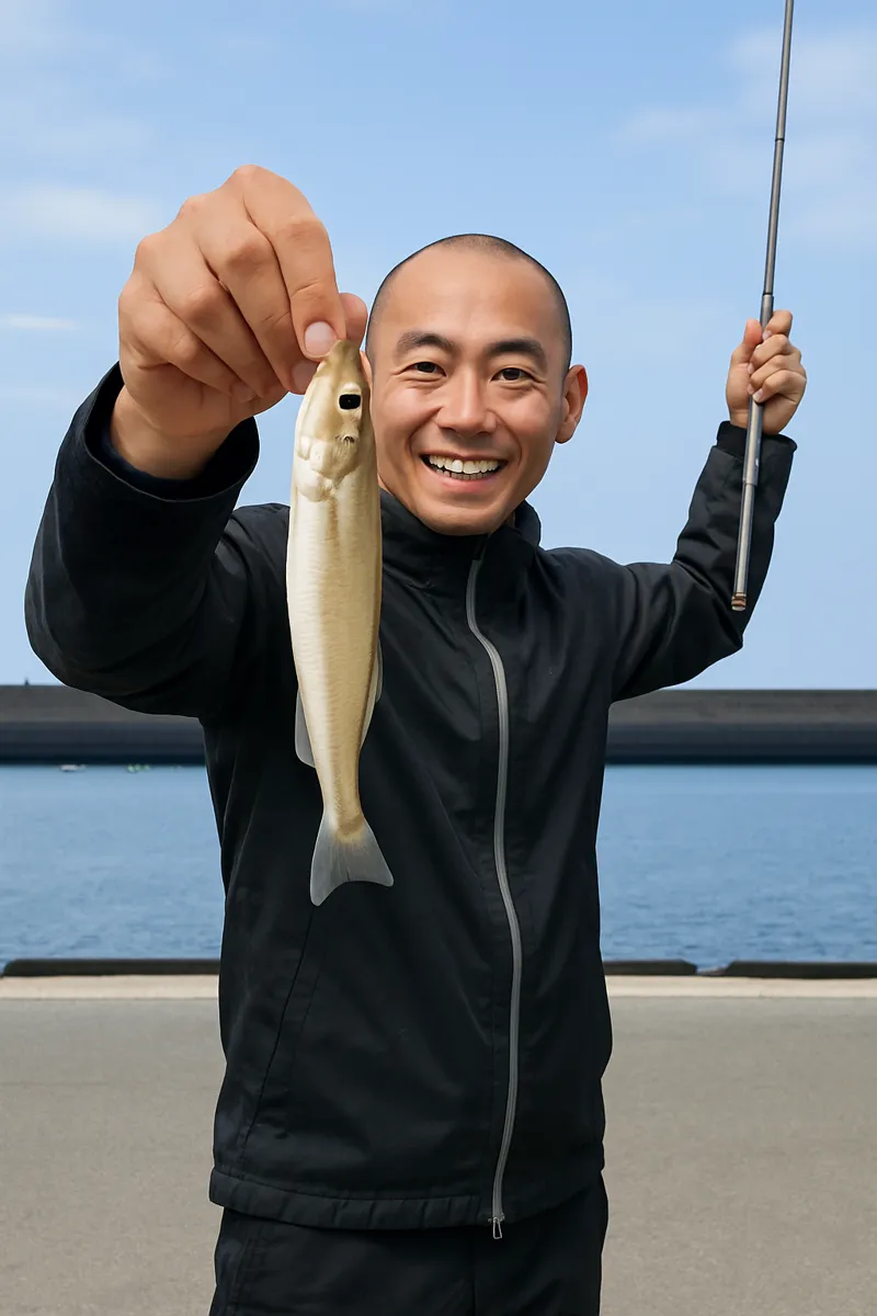 新長崎漁港でシロギスの釣果を得たがんだま君.webp