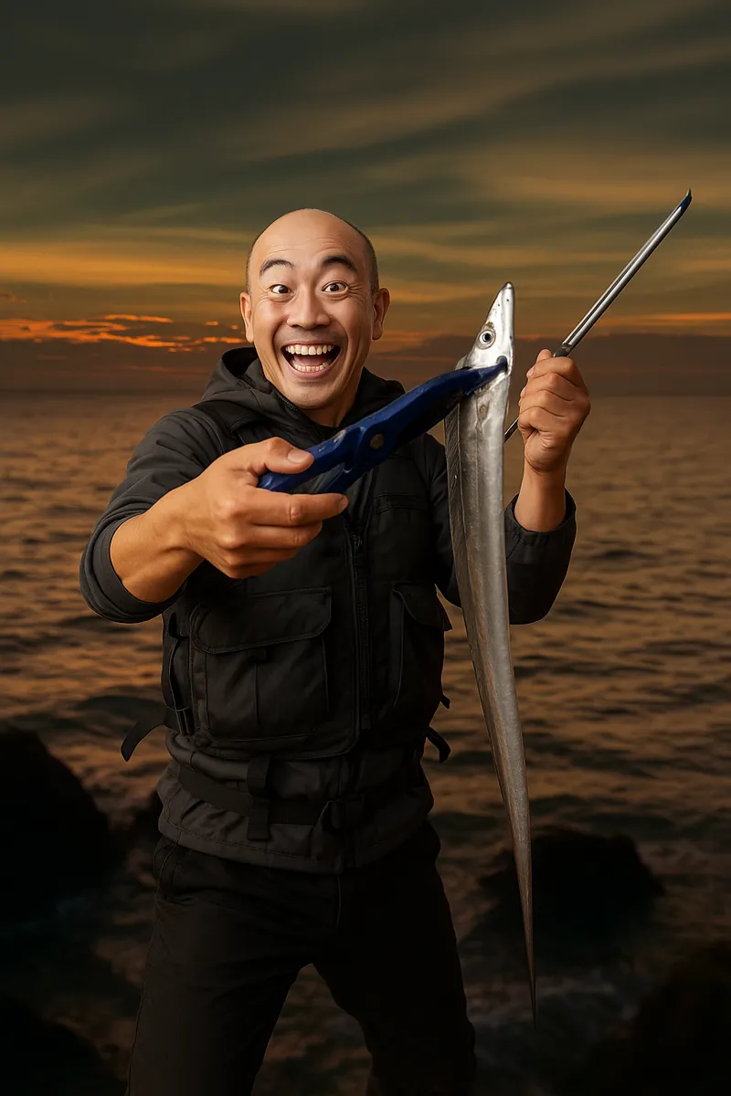新門司マリーナでタチウオの釣果を得たがんだま君.webp