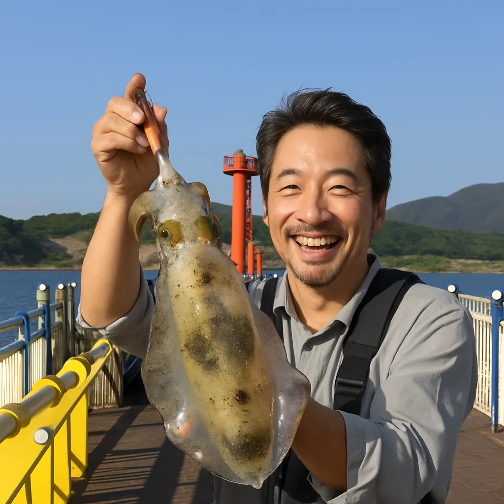 日明海峡釣り公園でアオリイカの釣果を得た佐々木.webp