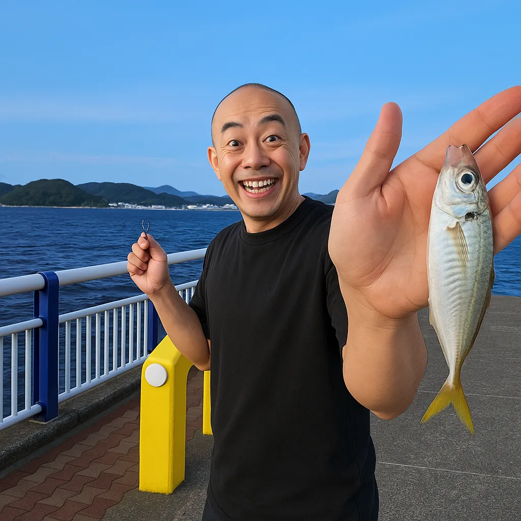 日明海峡釣り公園でアジの釣果を得たがんだま君.webp