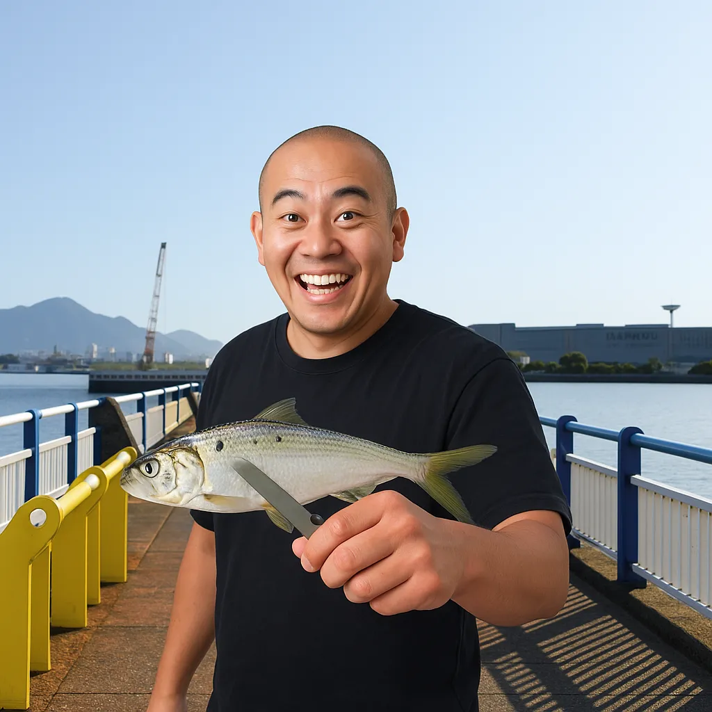 日明海峡釣り公園でコノシロの釣果を得たがんだま君.webp