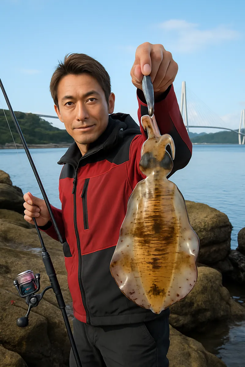 星賀漁港でアオリイカの釣果を得た亀岡.webp