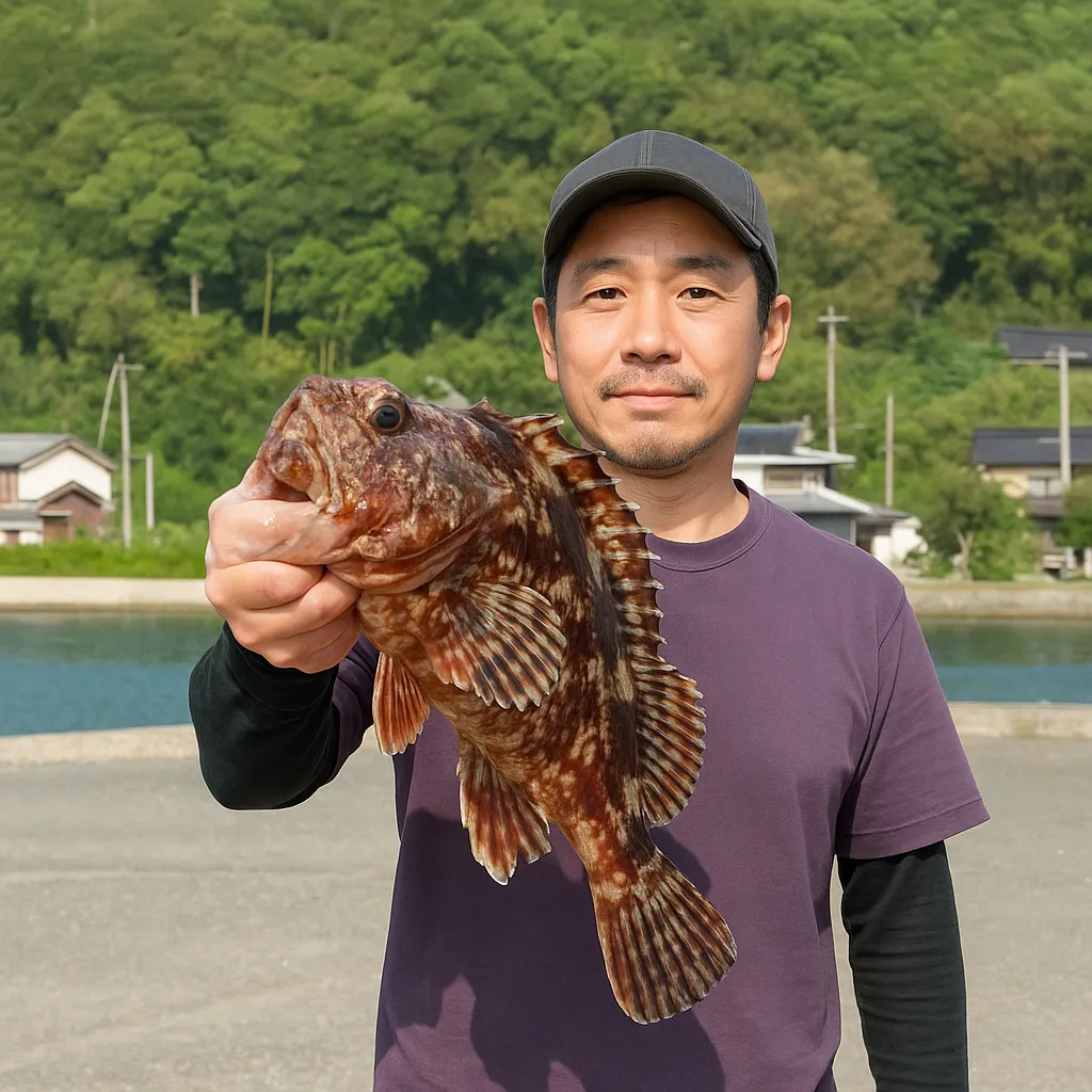 星賀漁港でアラカブの釣果を得た男性.webp