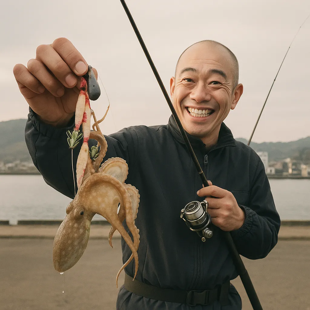 時津七工区でイイダコの釣果を得たがんだま君.webp