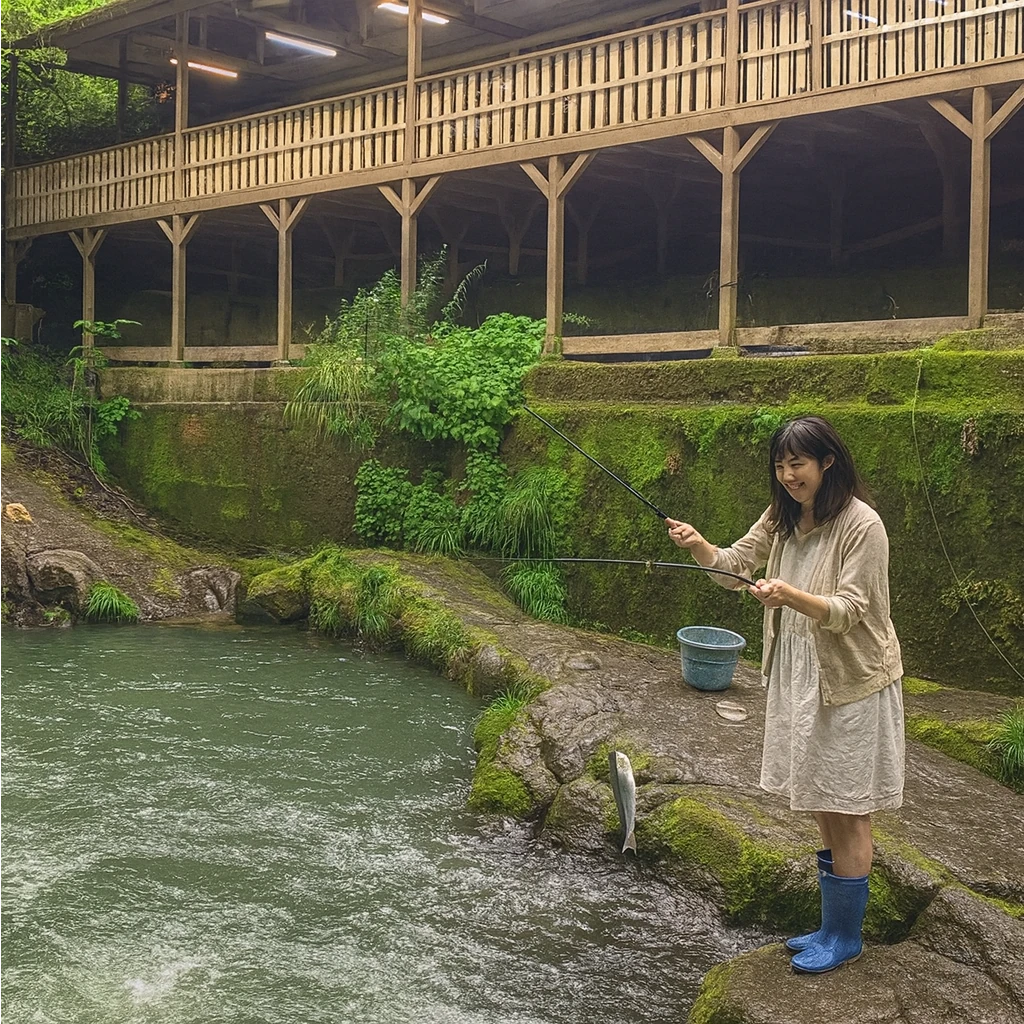 木郷滝自然つりセンターでニジマスの釣果を得た女性.webp