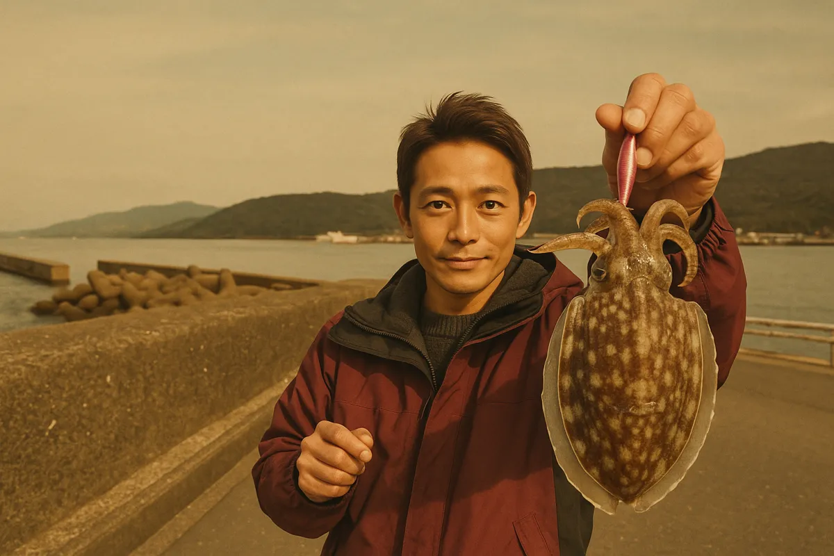 本渡港でコウイカの釣果を得た亀岡.webp