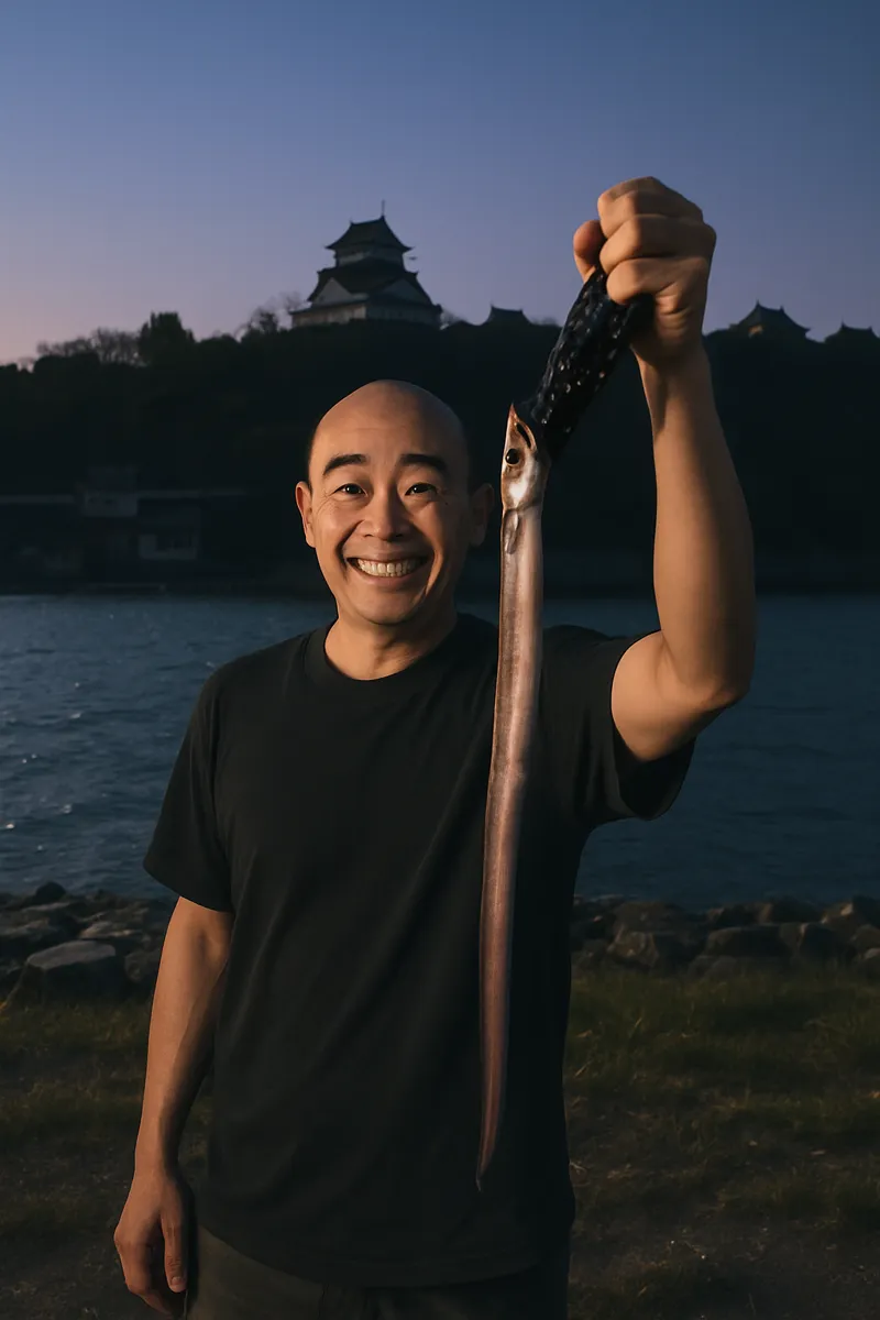 松浦川河口でアナゴの釣果を得たがんだま君.webp