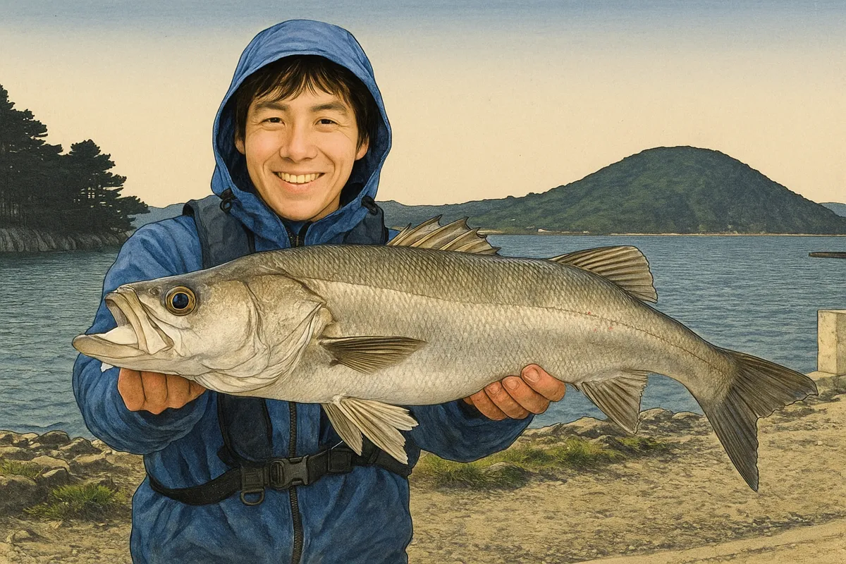 松浦川河口でシーバスの釣果を得た男性.webp