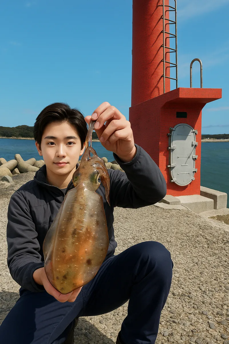 柏原漁港でアオリイカの釣果を得た佐伯.webp