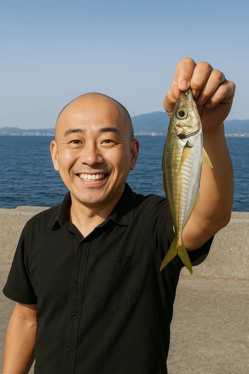 森漁港でアジの釣果を得たがんだま君.webp