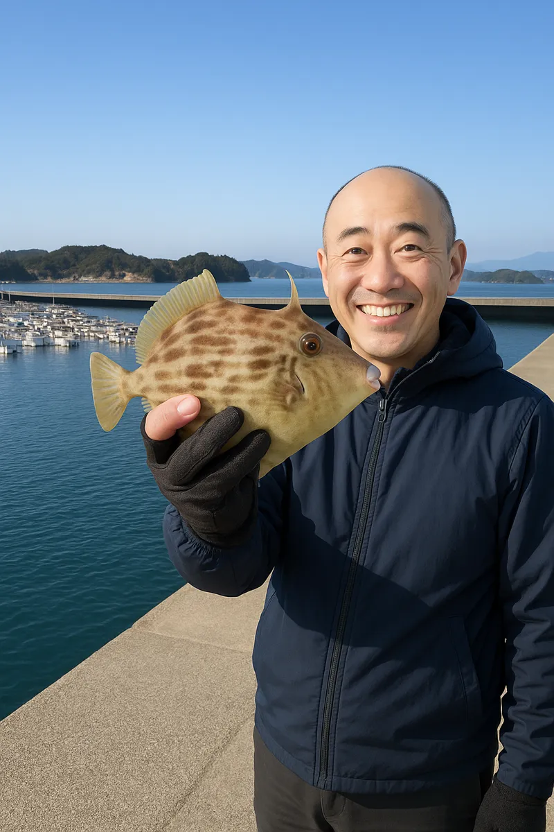 樋合新港でカワハギの釣果を得たがんだま君.webp