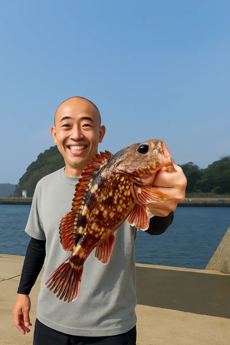 樺島でアラカブの釣果を得たがんだま君.webp