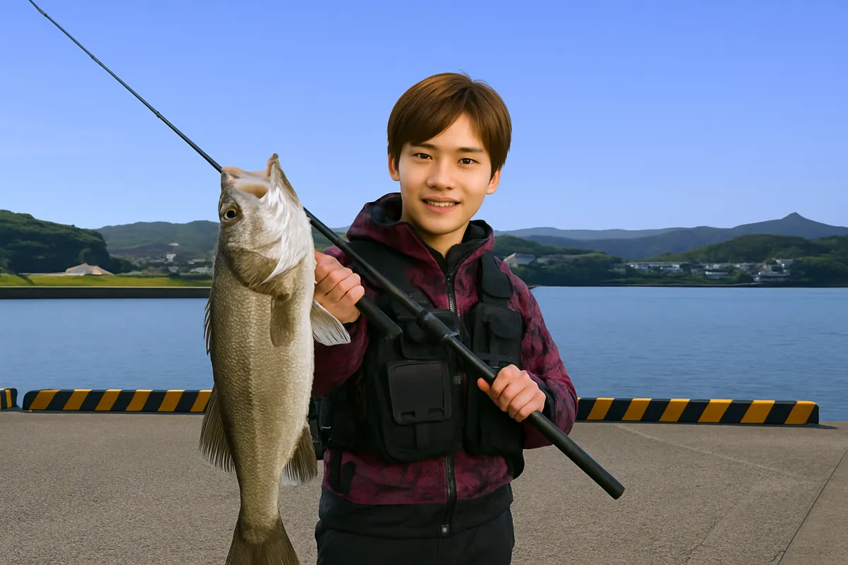 水俣港でシーバスの釣果を得た男性.webp