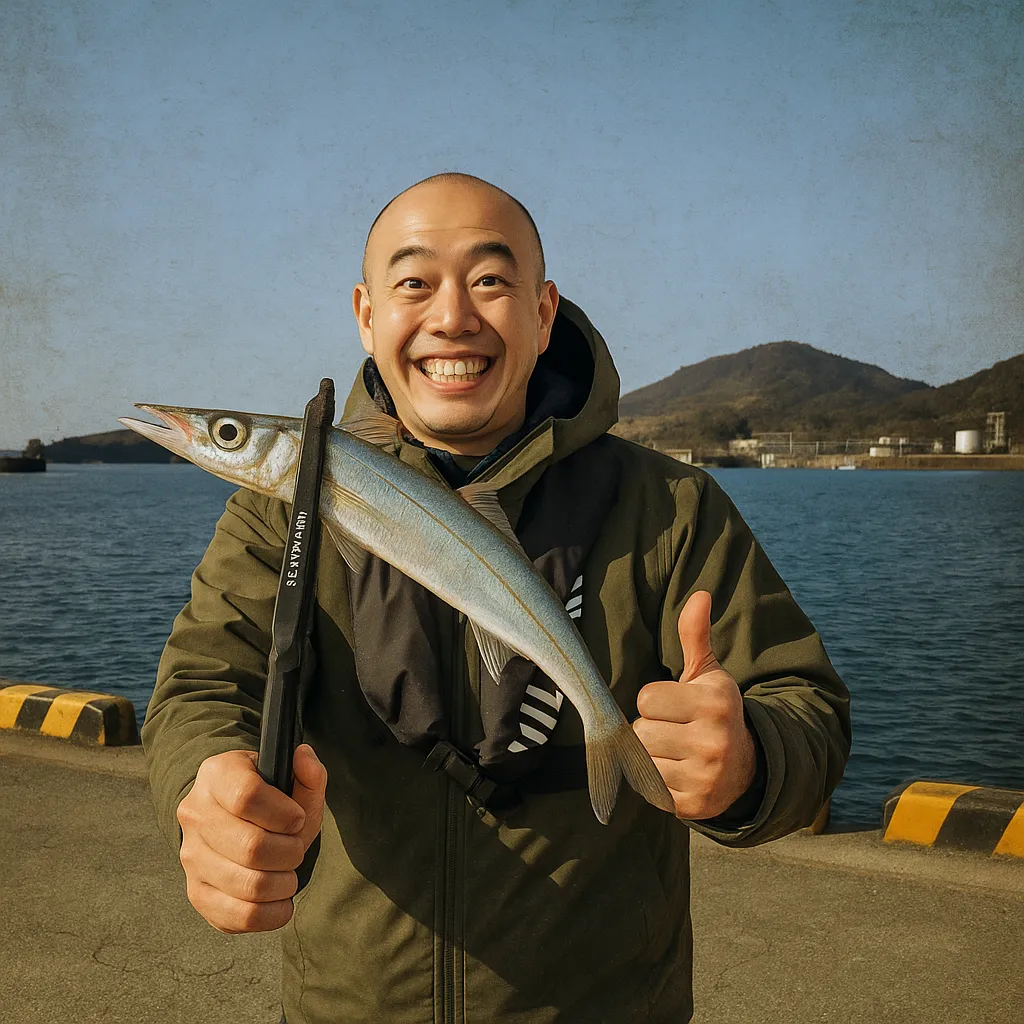 江口漁港でカマスの釣果を得たがんだま君.webp