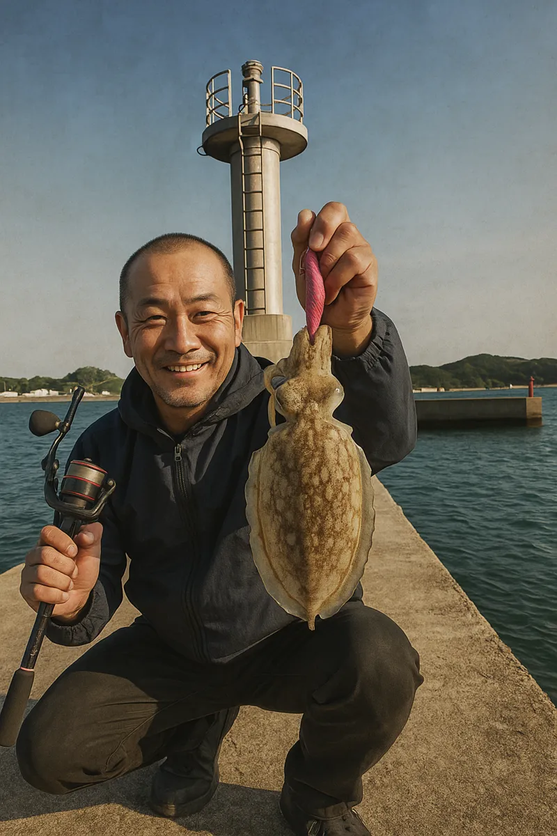 江樋戸港でコウイカの釣果を得た男性.webp