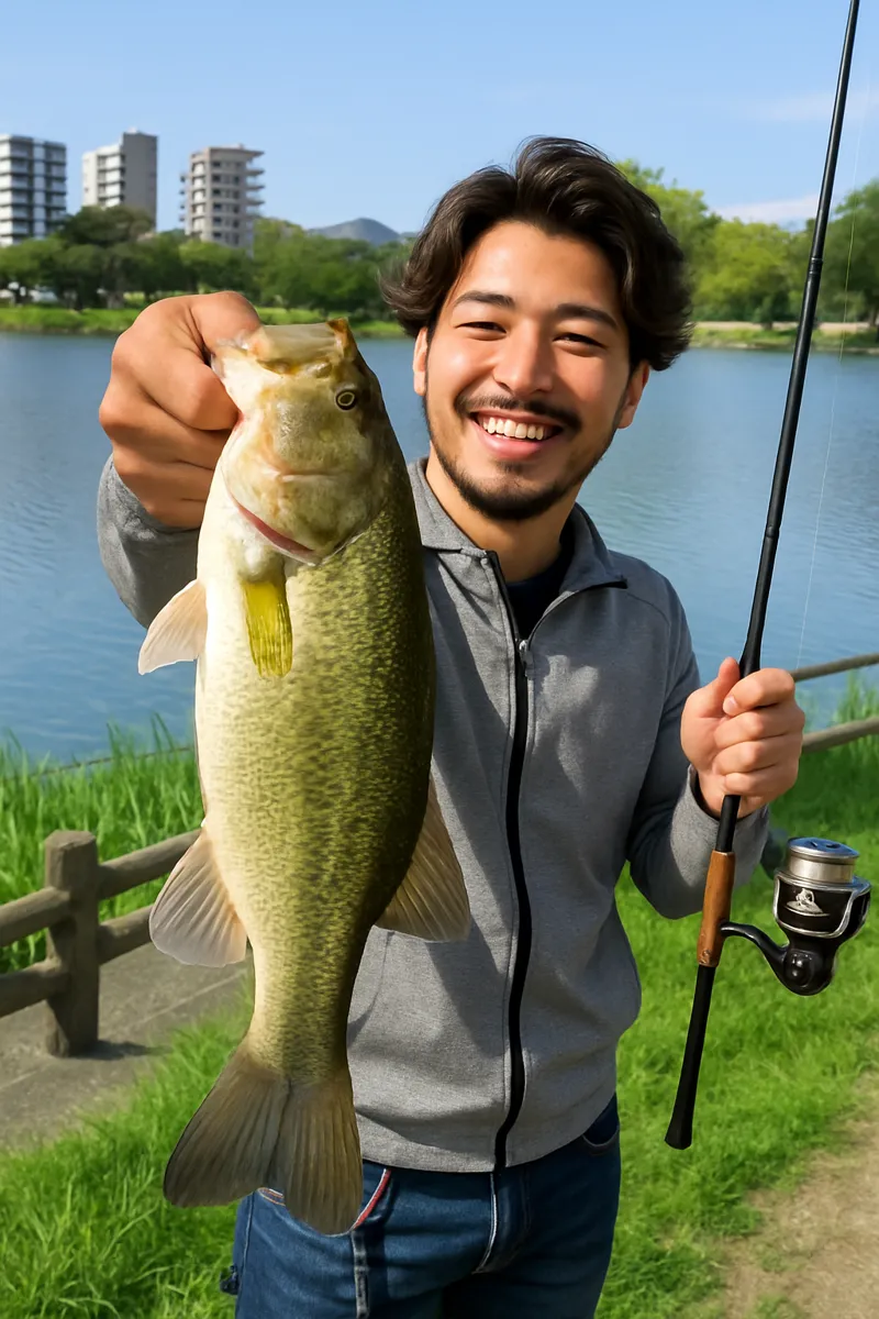 江津湖.でブラックバスの釣果を得た澤田.webp