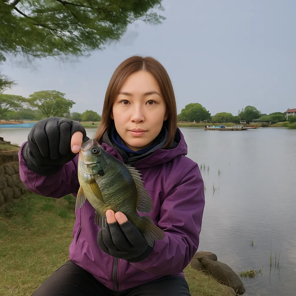 江津湖.でブルーギルの釣果を得た女性.webp