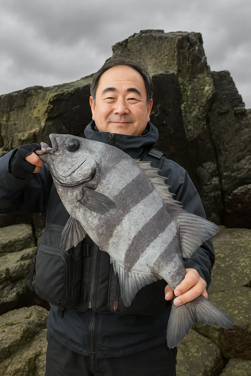 沖秋目島でイシダイの釣果を得た持田.webp