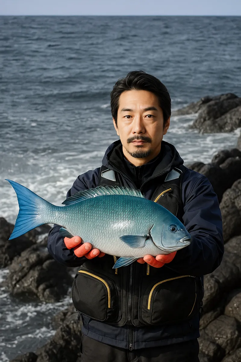 沖秋目島でオナガの釣果を得た佐々木.webp