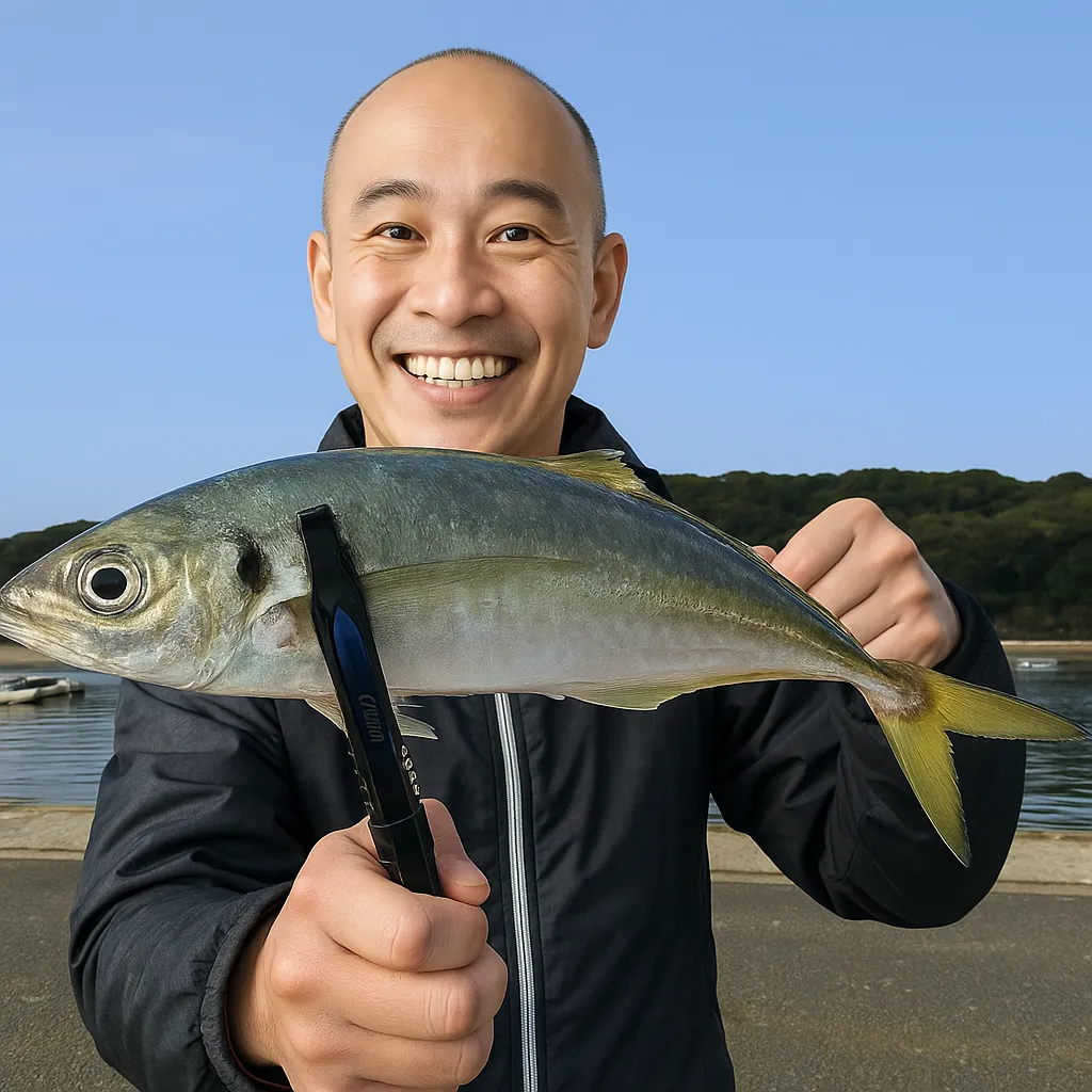 波戸漁港でアジの釣果を得たがんだま君.webp